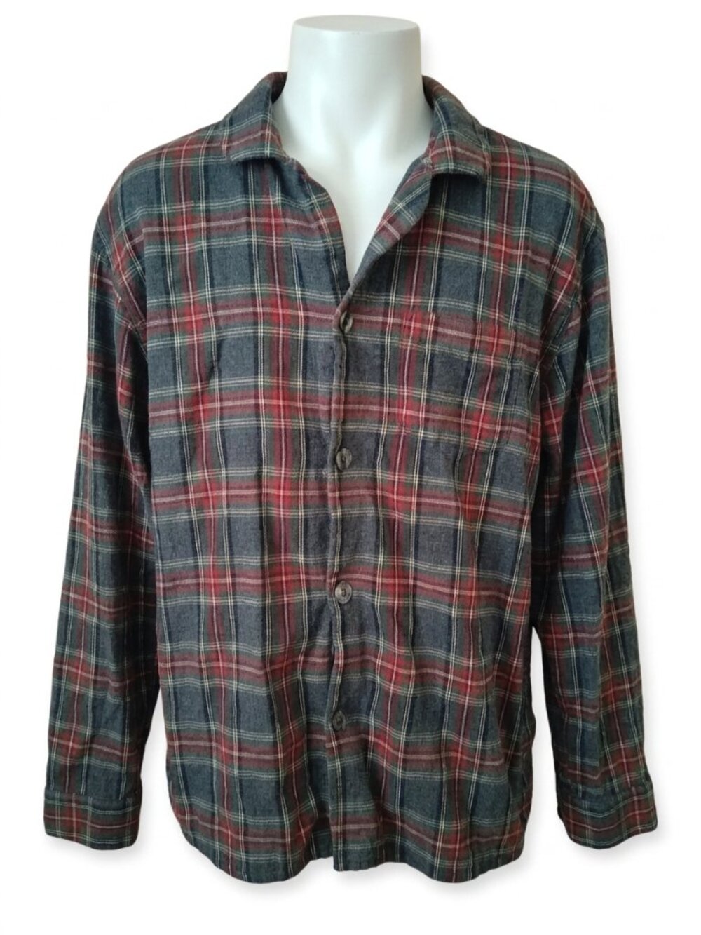 LL Bean Mens Plaid Flannel Button Up Red Gray XL